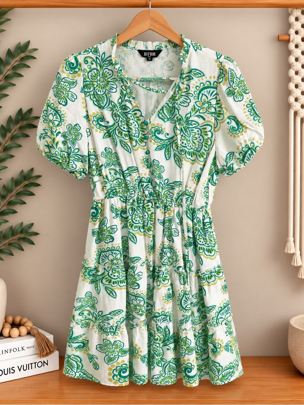 Green Floral V-Neck Short Sleeve Dress